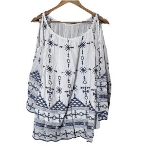 Belle France Cottagecore Aztec Embroidered Lace Italian Delicate L Navy White